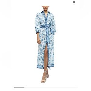 NWT Alice + Olivia Tanika Printed Button Down Maxi Dress in Blue and White Sz S